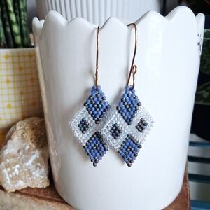 BOGO EARRINGS Blue Beaded Diamond Bead Earrings, 2.5"